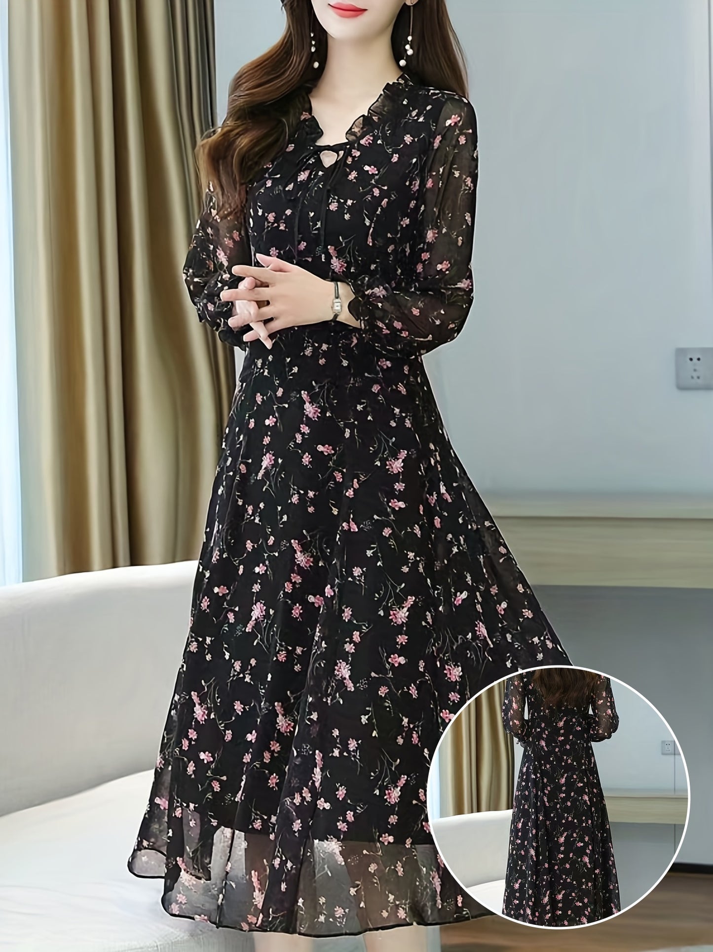 Schwarzes Ditsy Blumenmuster Laternenärmel Kleid - Helena