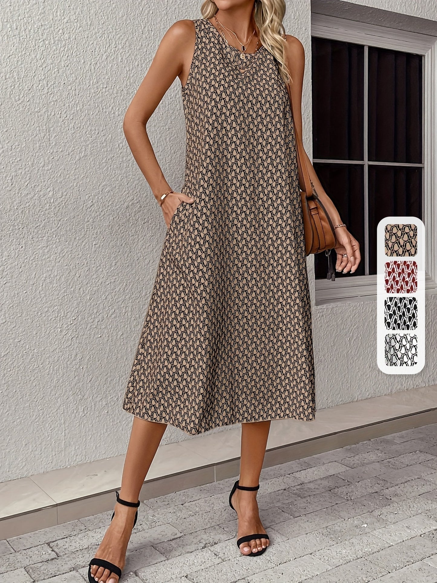 Schwarzes Allover Print Midi-Kleid - Lina