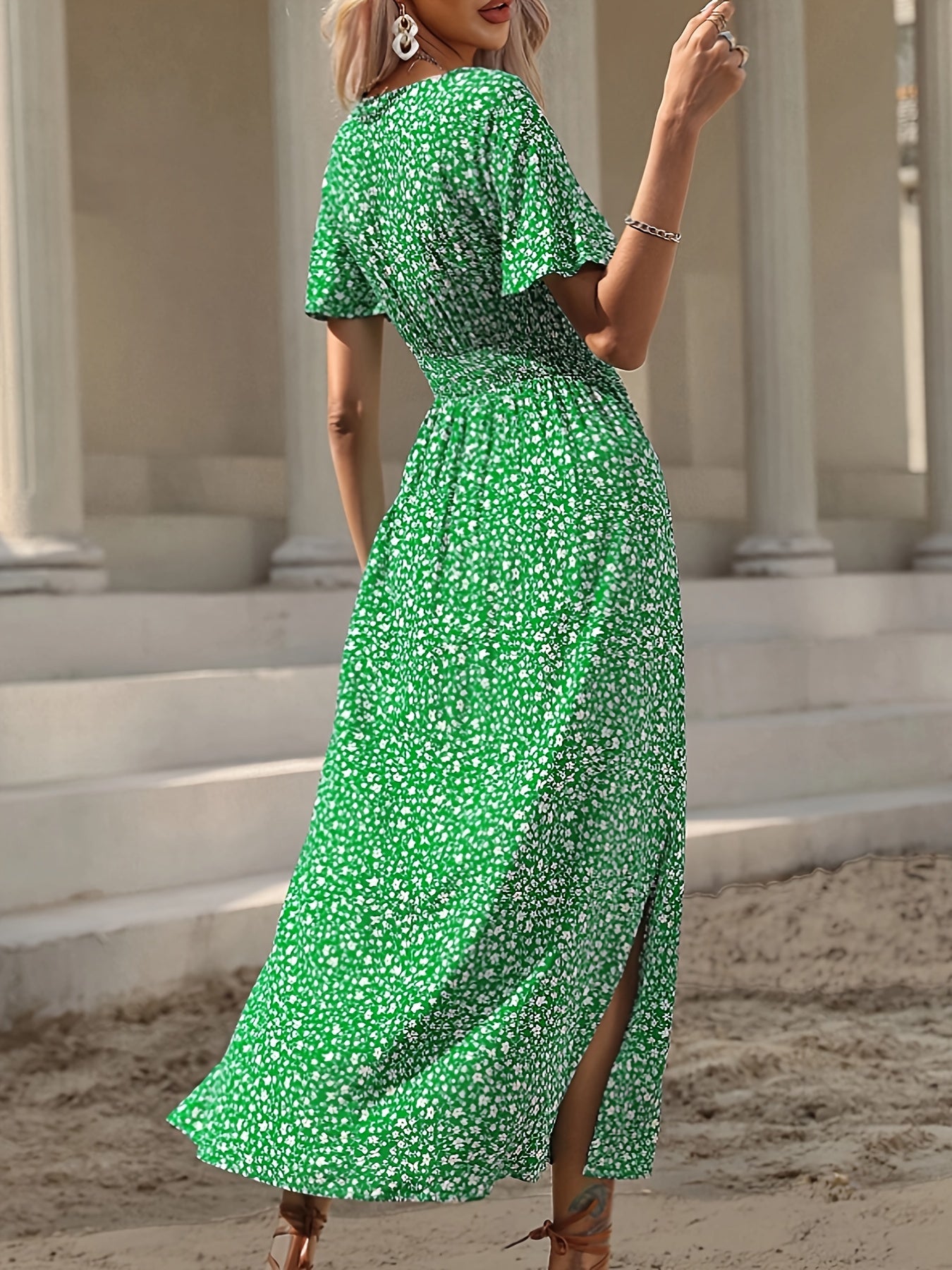 Blaues Blumenprint-Kleid mit Schlitz - Sofia