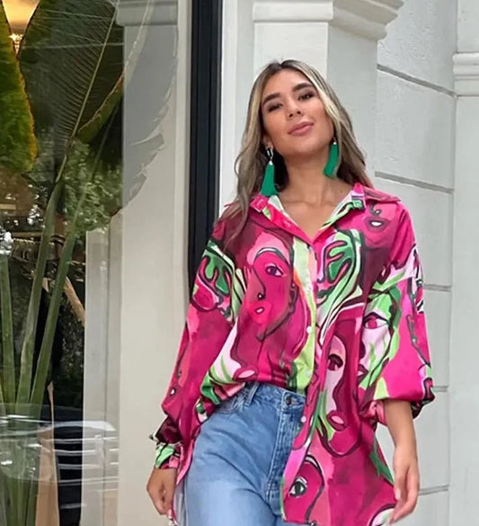 Pinkes Oversize-Hemd mit Kunstmuster - Bella