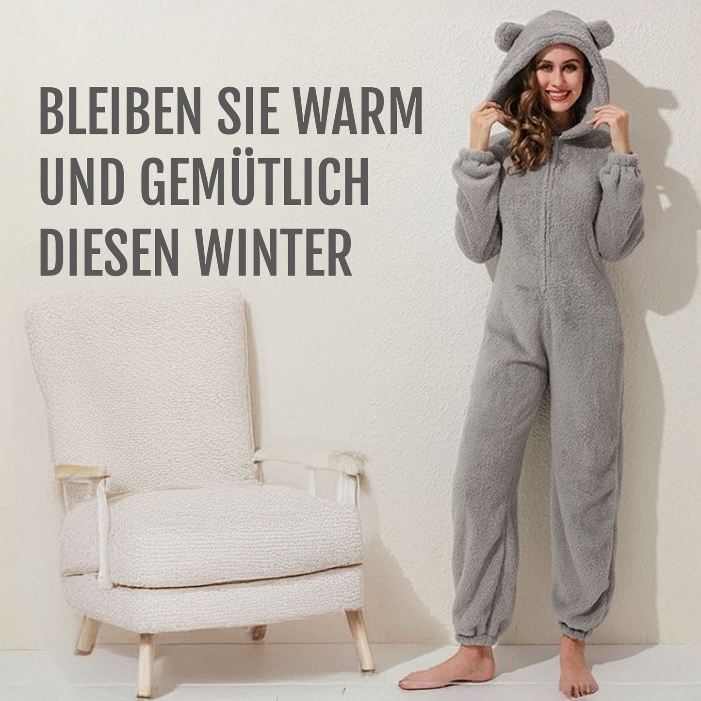 Grauer fleece-jumpsuit - kuschelig & wärmend mit kapuze