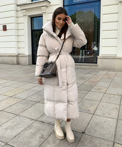 Lange Pufferjacke mit Gürtel Beige - Selene