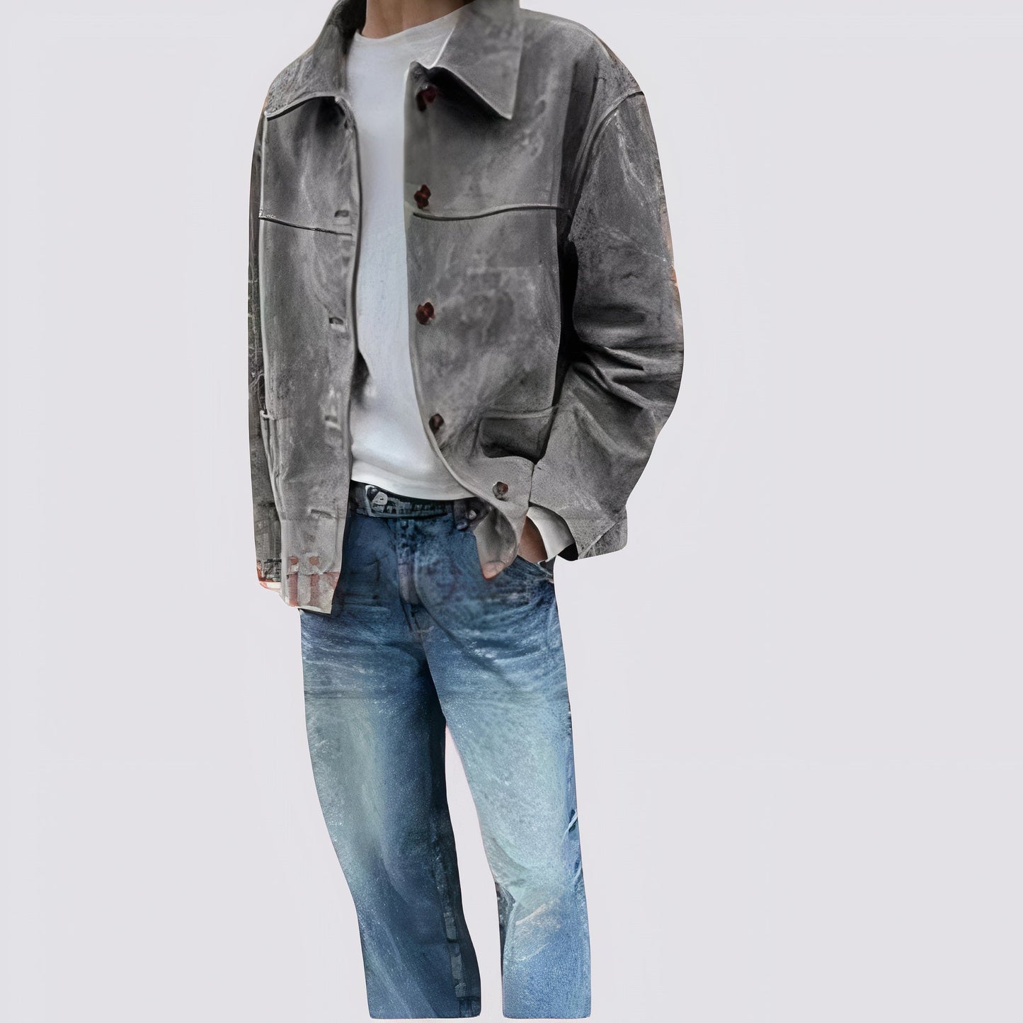 Vintage Wildlederjacke aus weichem Wildleder mit Knopfverschluss und lockerer Silhouette, ideal für lässige und Retro-inspirierte Looks.