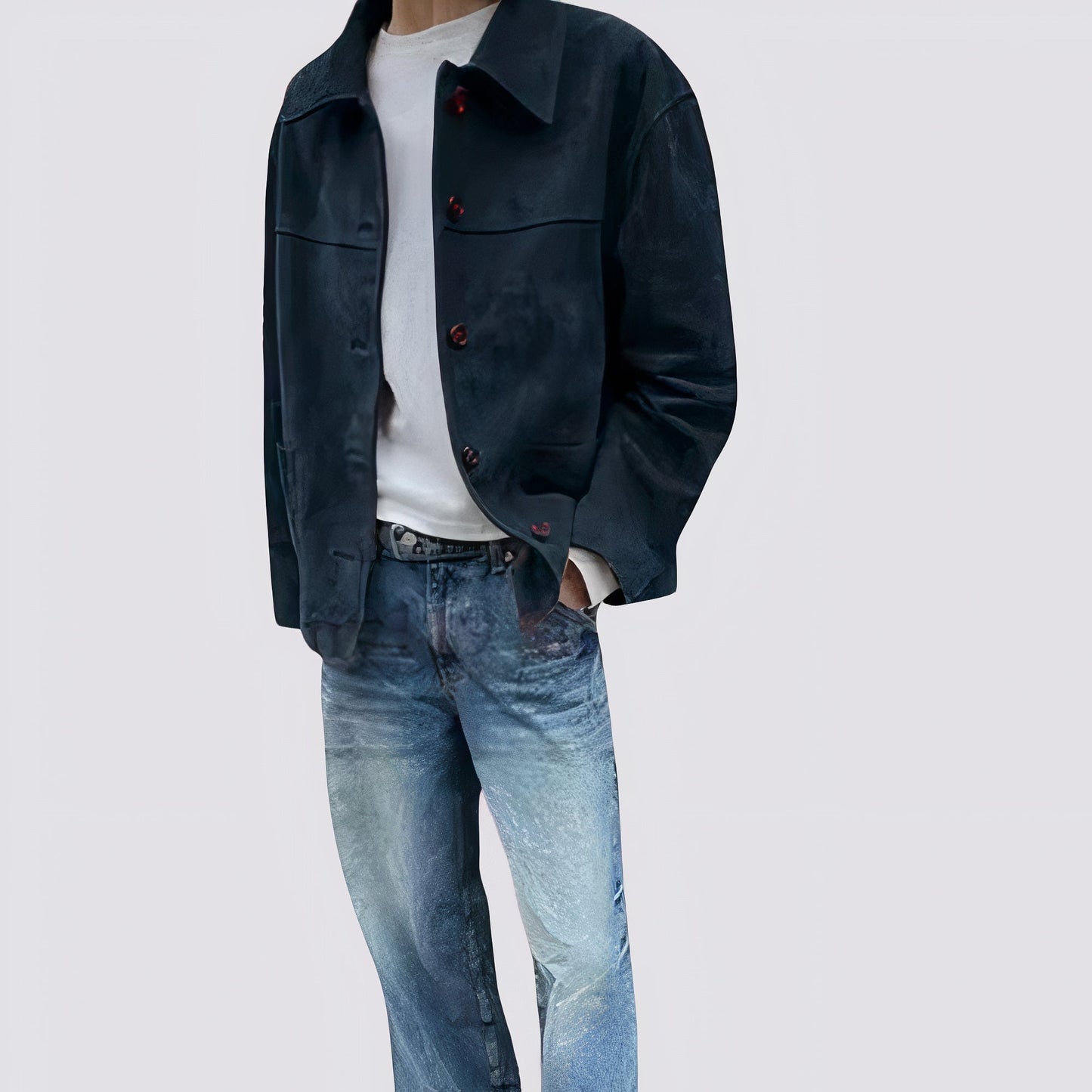 Vintage Wildlederjacke aus weichem Wildleder mit Knopfverschluss und lockerer Silhouette, ideal für lässige und Retro-inspirierte Looks.