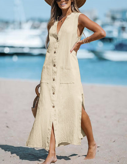 Ärmelloses Leinenkleid – mit Knopfleiste und Seitenschlitz