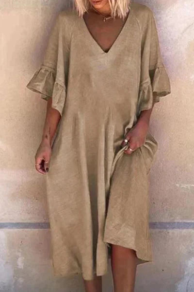 Luftiges Baumwollkleid mit V-Ausschnitt und Flügelärmeln