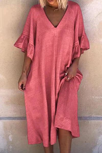 Luftiges Baumwollkleid mit V-Ausschnitt und Flügelärmeln