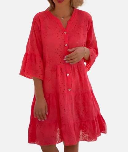 Charmantes Midikleid mit Lochstickerei und Trompetenärmeln