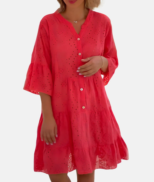 Charmantes Midikleid mit Lochstickerei und Trompetenärmeln