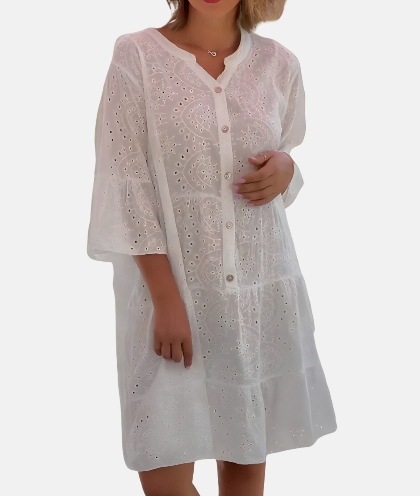 Charmantes Midikleid mit Lochstickerei und Trompetenärmeln