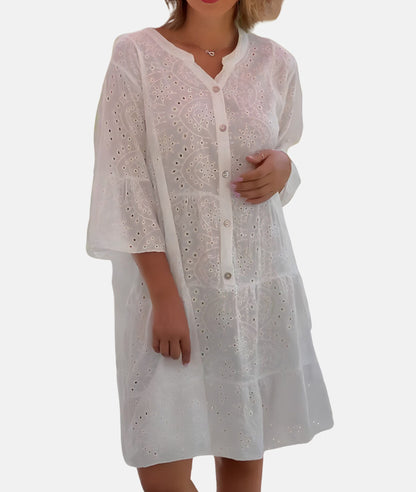 Charmantes Midikleid mit Lochstickerei und Trompetenärmeln