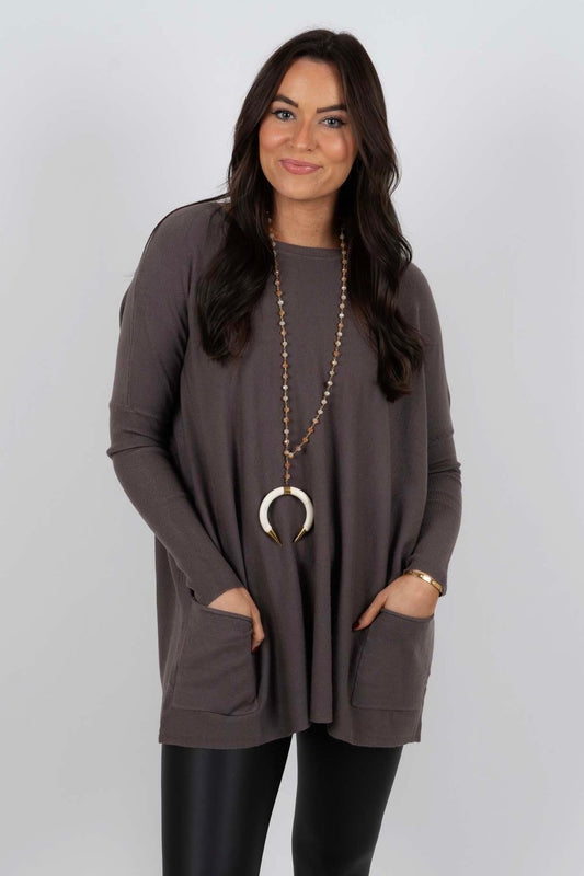 Damen Oversized Sweater mit Taschen und Rundhalsausschnitt