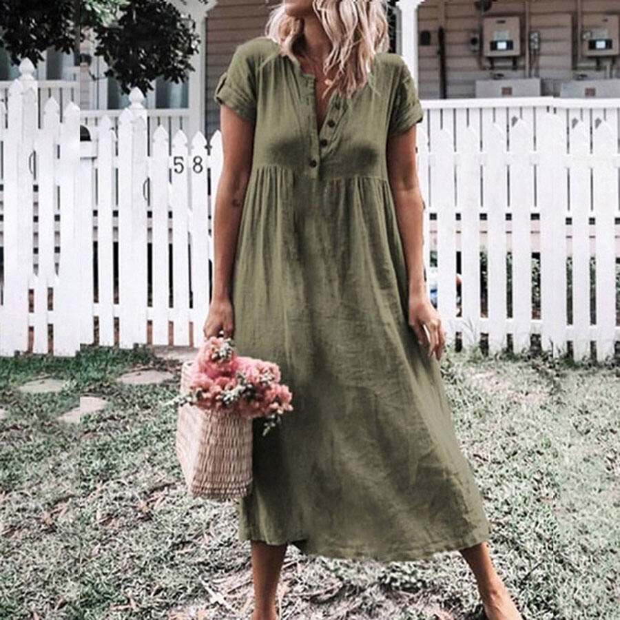 Klassisches Midikleid mit Knopfleiste: A-Linien-Silhouette, Kurze Ärmel