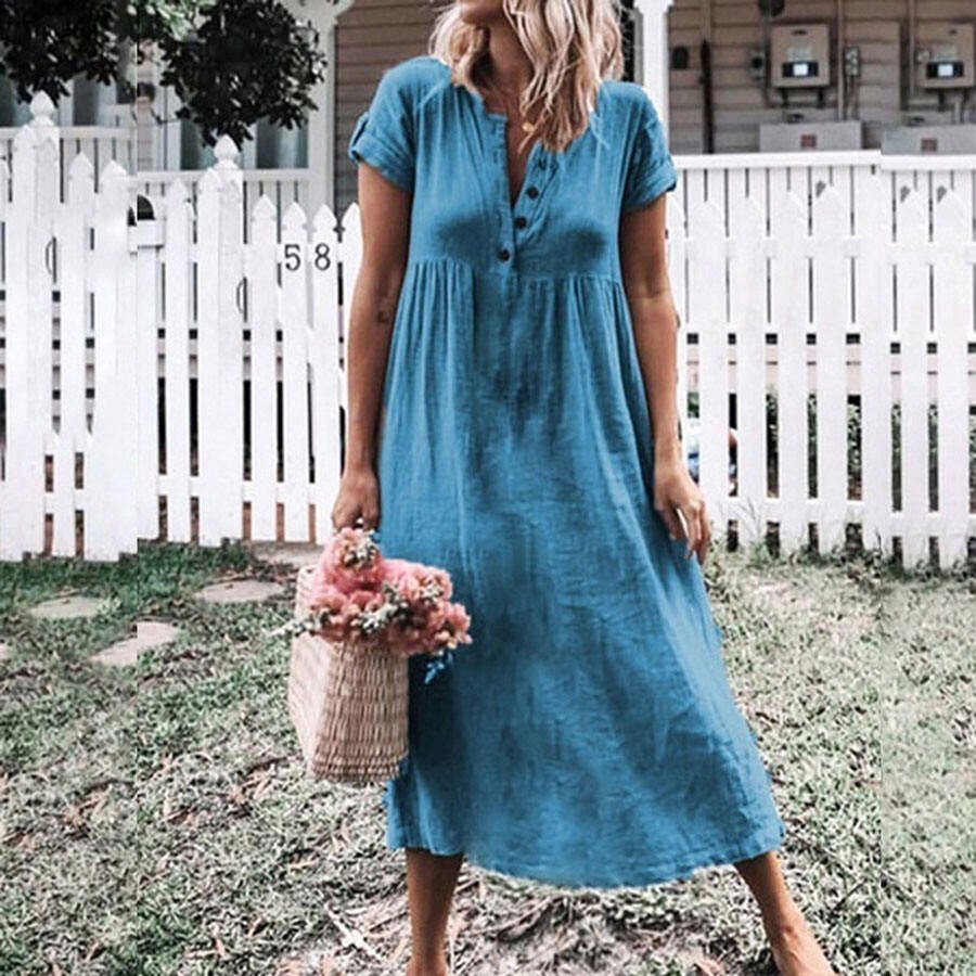 Klassisches Midikleid mit Knopfleiste: A-Linien-Silhouette, Kurze Ärmel